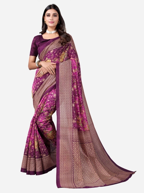Satrani Purple & Green Floral Printed Banarasi Saree