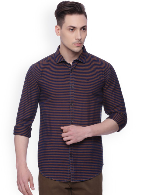 

Basics Men Brown & Navy Slim Fit Striped Casual Shirt