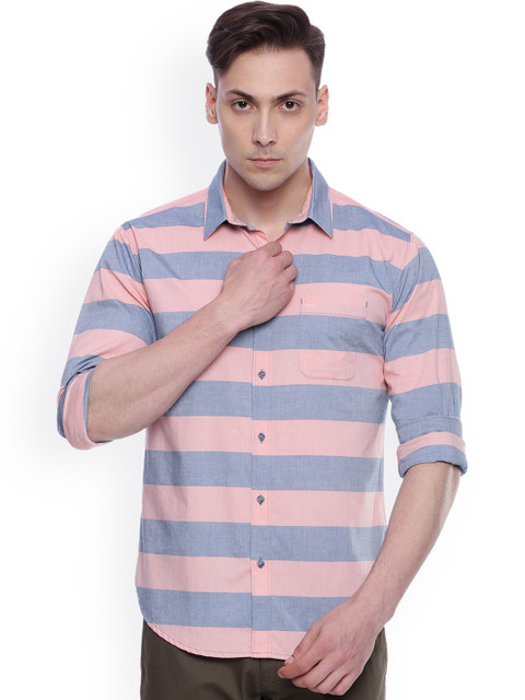 

Basics Men Orange & Blue Slim Fit Striped Casual Shirt