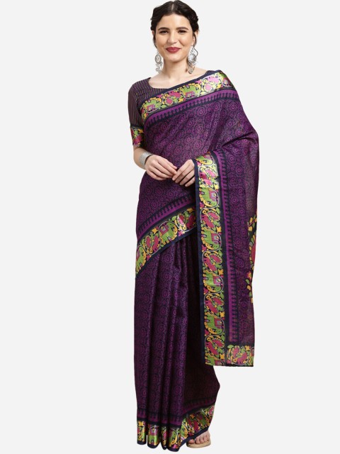 

Satrani Blue & Green Printed Silk Cotton Taant Saree
