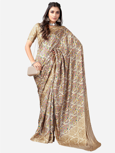 

Satrani Beige & Gold-Toned Ethnic Motifs Zari Saree