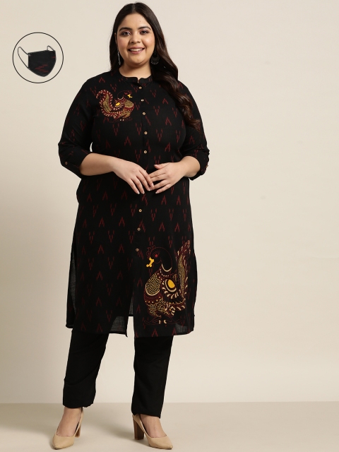 

Juniper Women Black Ethnic Motifs Printed Plus Size Kurta with Mask