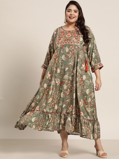 

Juniper Plus Size Olive Green Floral Embroidered Ethnic Maxi Dress