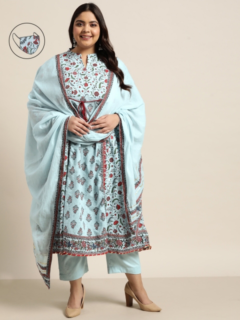 

Juniper Blue Floral Printed Pleated Kurta with Trousers & With Dupatta