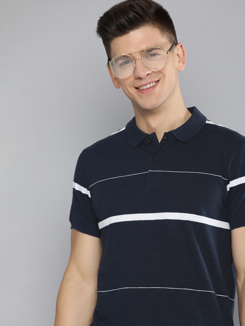 

Mast & Harbour Men Navy Blue & White Striped Polo Collar T-shirt