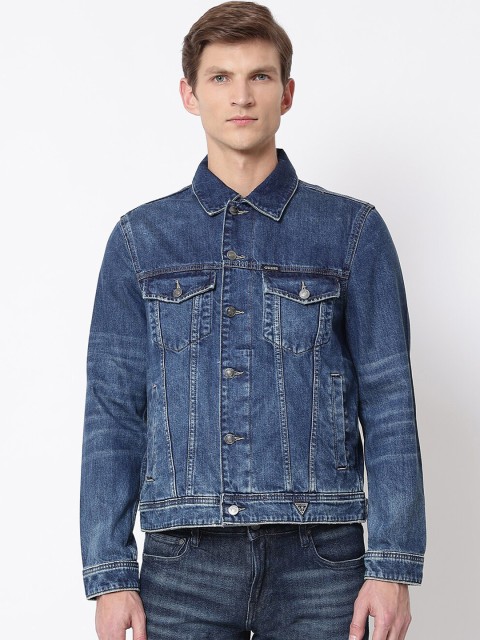 

GUESS Men Multicoloured Washed Crop Denim Jacket with Embroidered, Multi