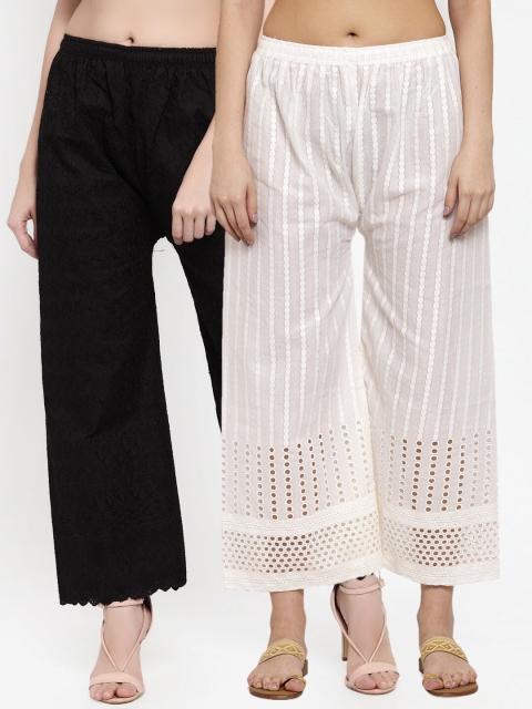 

Miaz Lifestyle Women Black & White 2 Embroidered Knitted Palazzos