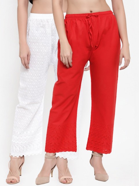 

Miaz Lifestyle Women Red & White 2 Embroidered Flared Knitted Palazzos