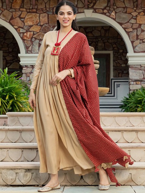 

Ambraee Beige Ethnic Maxi Dress with Dupatta