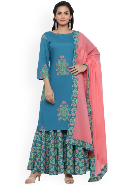 

mirari Women Pink & Green Floral Printed Kurta With Palazzos & Dupatta