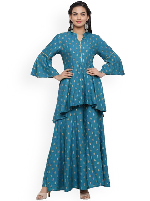 

mirari Women Teal Floral Printed Kurta With Sharara