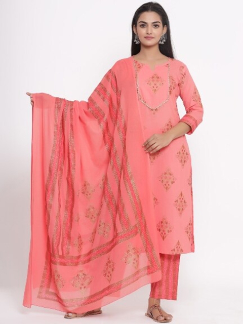 

mirari Women Pink Ethnic Motifs Printed Pure Cotton Kurta with Palazzos & With Dupatta