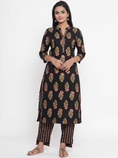 

mirari Women Black Floral Printed Pure Cotton Straight Kurta with Palazzos