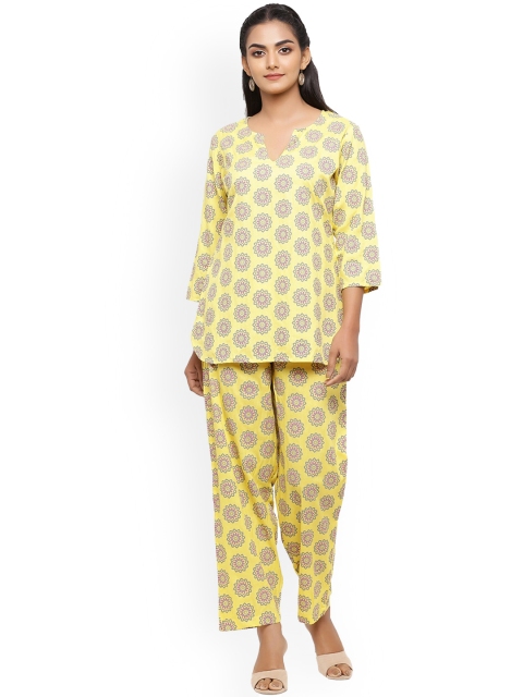 

mirari Women Yellow Ethnic Motifs Printed Pure Cotton Kurti with Palazzos