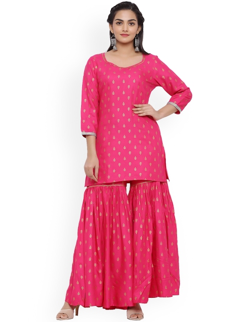 

mirari Women Pink Ethnic Motifs Printed Gotta Patti Kurta With Sharara & Dupatta