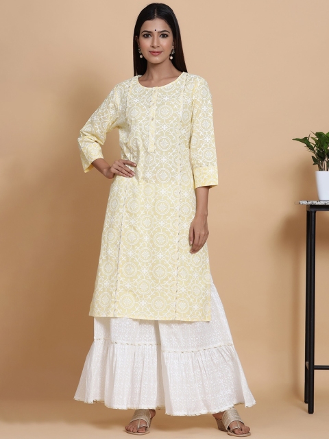 

mirari Women Yellow Ethnic Motifs Embroidered Chikankari Pure Cotton Kurta with Sharara