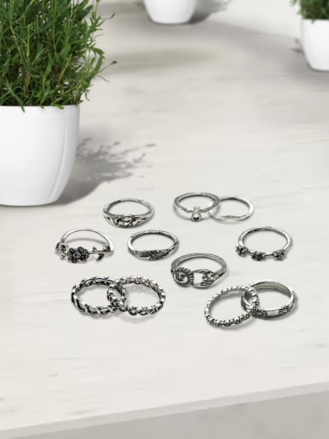 

LYKKEIN Set of 11 Silver-Toned Flower & Star Design Ring Set