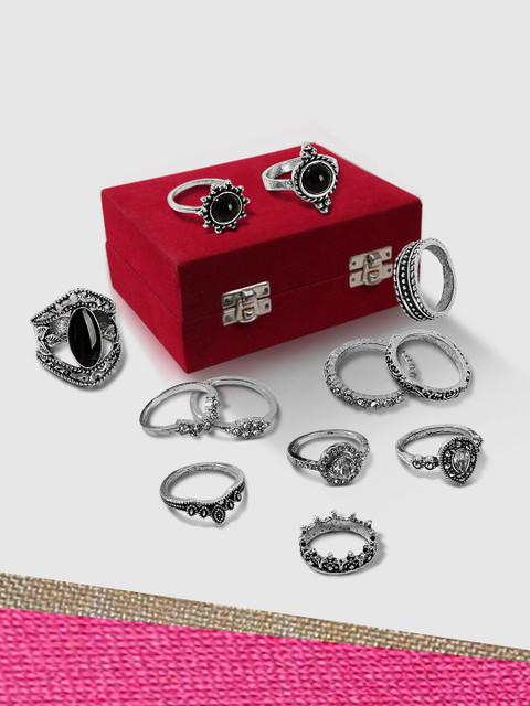 

LYKKEIN Set Of 12 Silver-Toned Black Rhinestone Stone-Studded Finger Rings