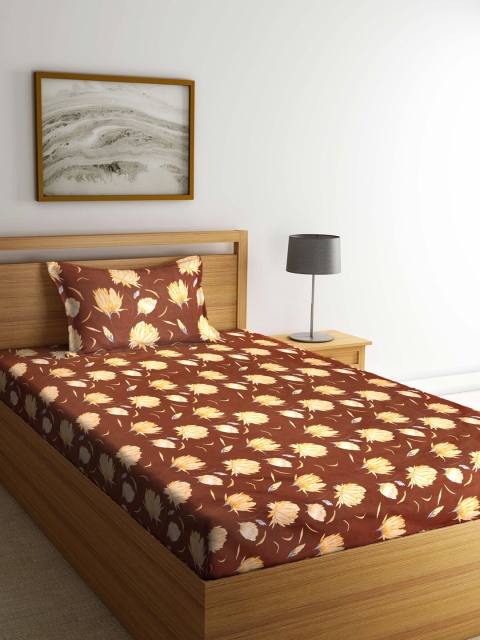 

KLOTTHE Brown & Yellow Floral 300 TC Single Bedsheet with 1 Pillow Covers