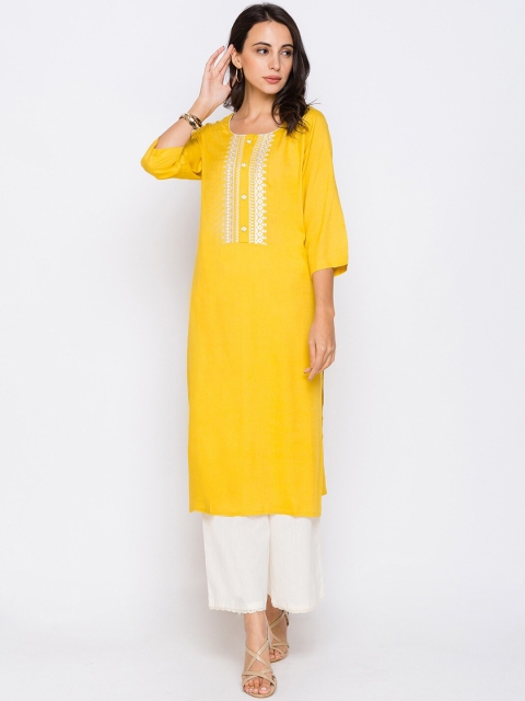 

ZOLA Women Yellow Geometric Yoke Design Thread Work Kurta