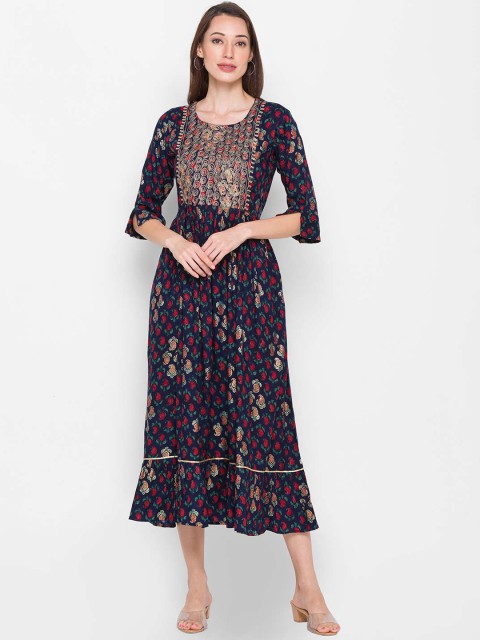 

ZOLA Women Navy Blue Geometric Embroidered Keyhole Neck Flared Sleeves Anarkali Kurta