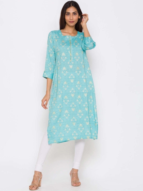 

ZOLA Women Blue Embellished Keyhole Neck Flared Sleeves Kurta