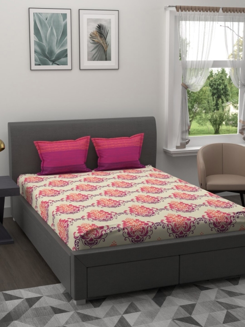 

BIANCA Orange & Pink Floral 144 TC Queen Bedsheet with 2 Pillow Covers