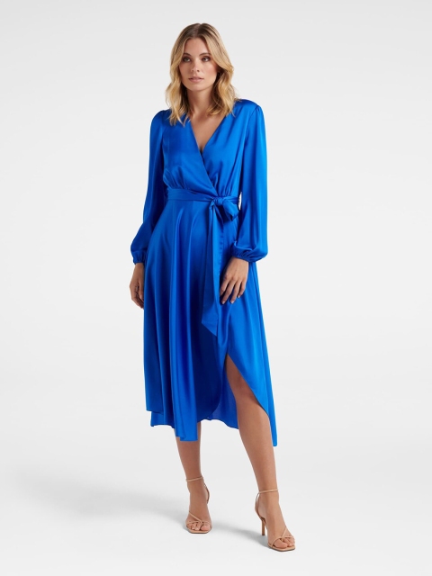 

Forever New Women Blue Satin Wrap Midi Dress, Navy blue