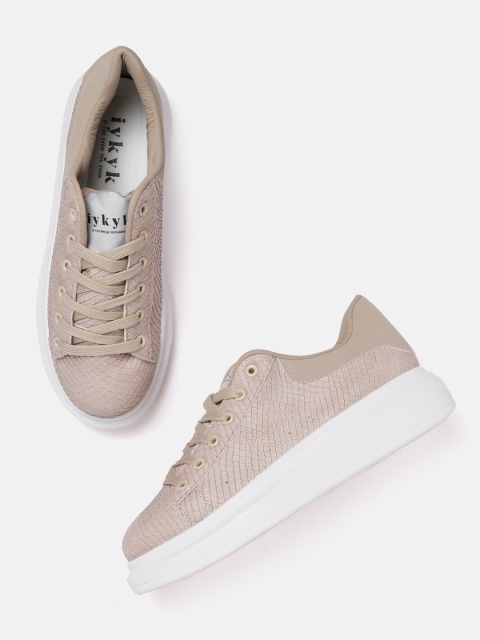 

IYKYK Women Beige Snakeskin Textured Sneakers