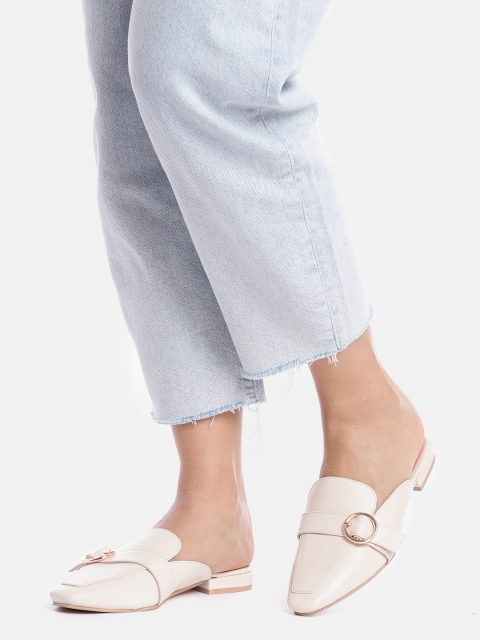 

IYKYK Women Off-White Solid Mules with Buckles