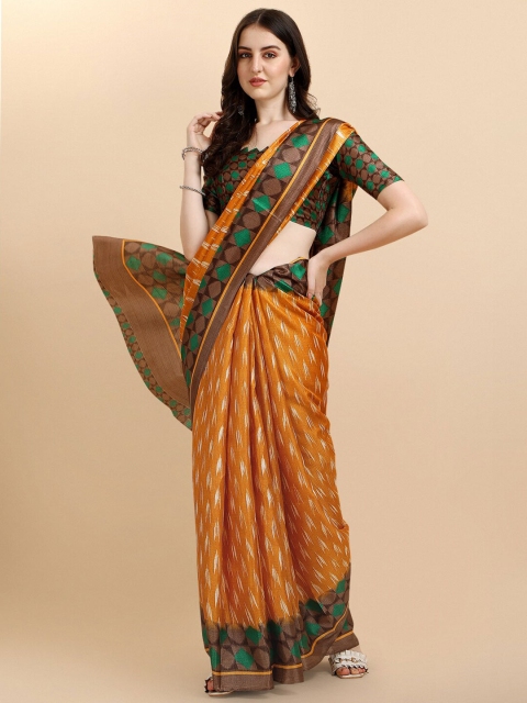 

Sangria Yellow & Brown Printed Silk Cotton Saree