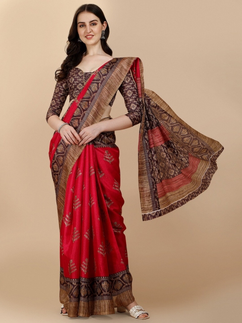 

Sangria Pink & Brown Floral Printed Silk Cotton Saree
