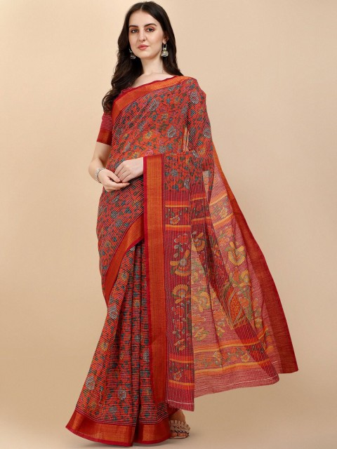 

Sangria Red & Green Floral Zari Silk Cotton Saree