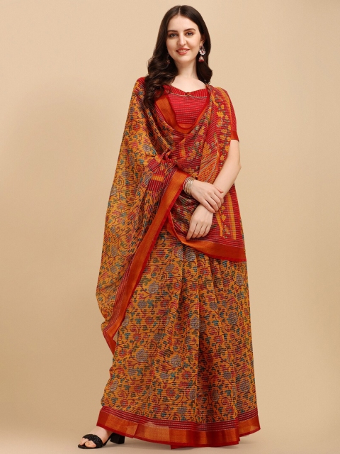 

Sangria Mustard & Blue Floral Printed Silk Cotton Saree