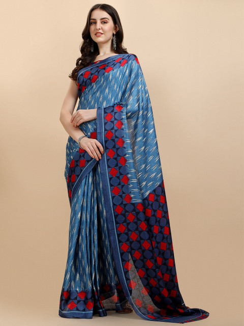 

Sangria Blue & Red Printed Silk Cotton Saree
