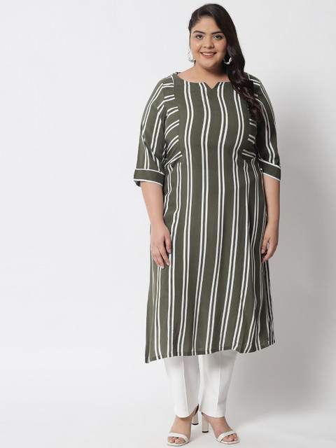 

Amydus Plus Size Women Olive Green & White Striped Kurta