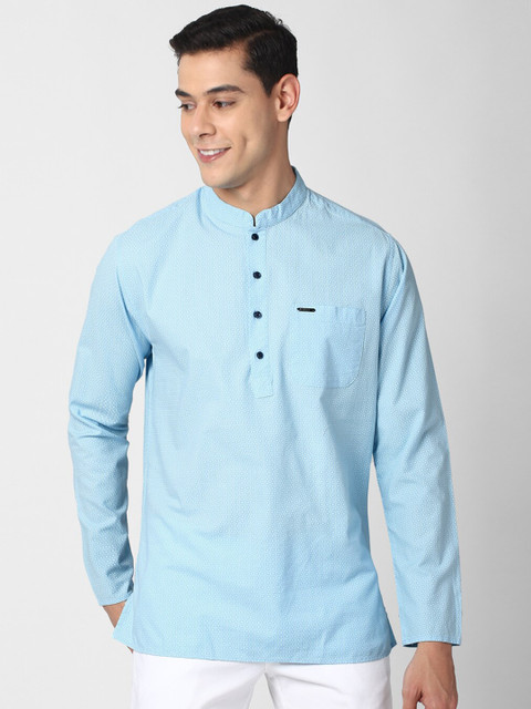 

Peter England Men Blue & White Floral Printed Mandarin Collar Linen Straight Kurta