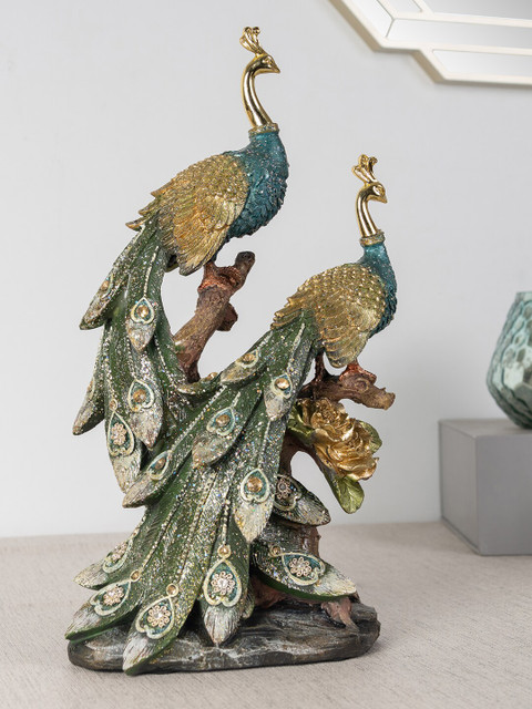 

HomeTown Gold Toned & Green Miraya Polyresin Decorative Peacocks
