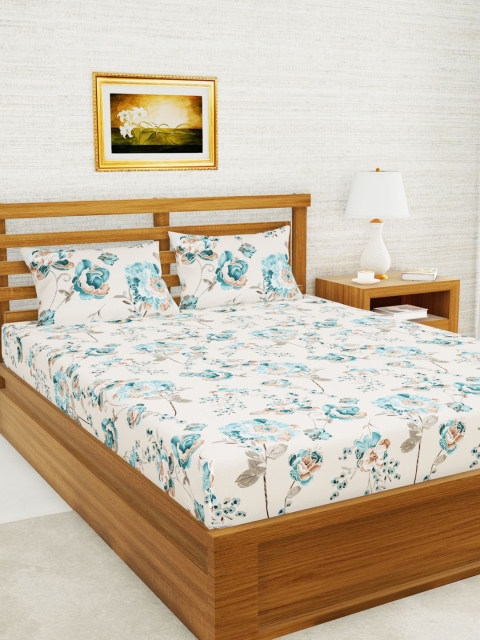 

BIANCA Off-White & Teal Blue Floral 160 TC Queen Bedsheet with 2 Pillow Covers