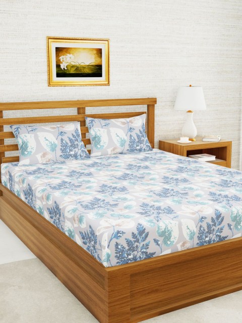 

BIANCA Grey & Blue Floral 160 TC Queen Bedsheet with 2 Pillow Covers