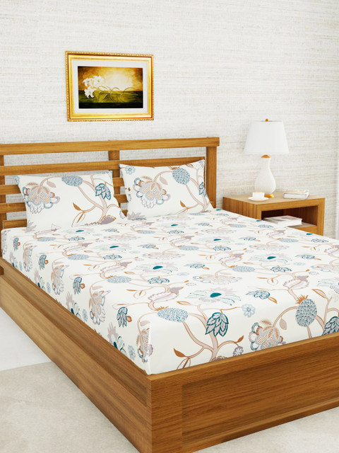 

BIANCA Off White & Orange Floral 160 TC Queen Bedsheet with 2 Pillow Covers