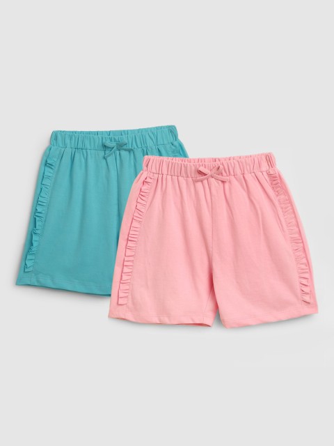 

YK Girls Pack of 2 Pink & Turquoise Blue Solid Cotton Regular Shorts