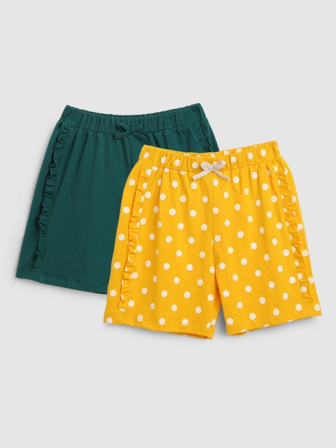 YK Girls Pack Of 2 Polka Dots Printed Cotton Shorts, Green
