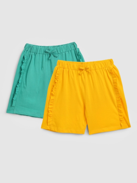 

YK Girls Pack of 2 Yellow & Sea Green Solid Cotton Regular Shorts
