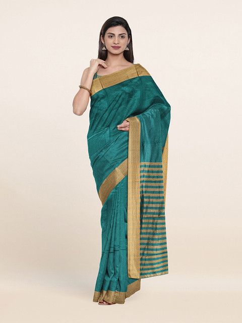 

Pothys Green & Gold-Toned Woven Design Striped Cotton Blend Saree