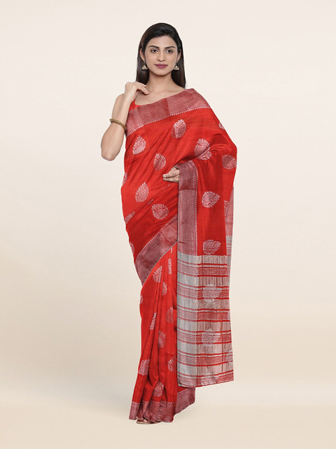 

Pothys Red & Silver-Toned Woven Design Zari Jute Silk Saree