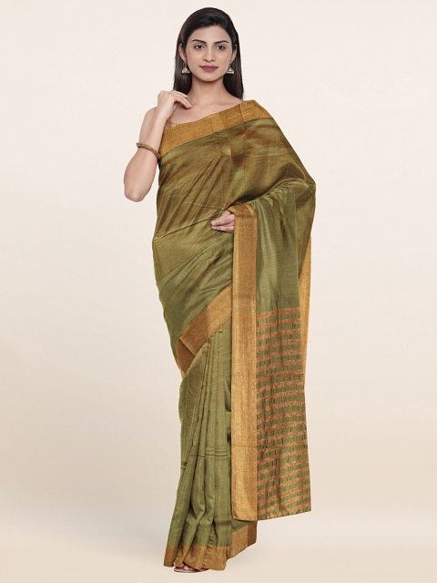 

Pothys Green & Gold-Toned Woven Design Striped Cotton Blend Saree
