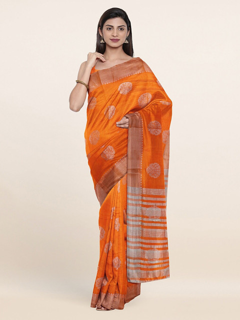 

Pothys Orange & Silver-Toned Woven Design Zari Jute Silk Saree