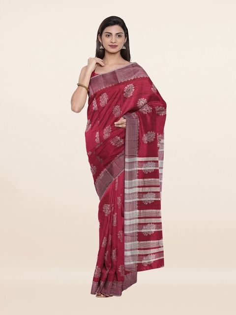 

Pothys Burgundy & Silver-Toned Woven Design Zari Jute Silk Saree