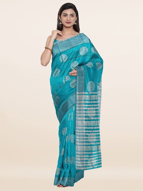 

Pothys Blue & Silver-Toned Ethnic Motifs Jute Silk Saree